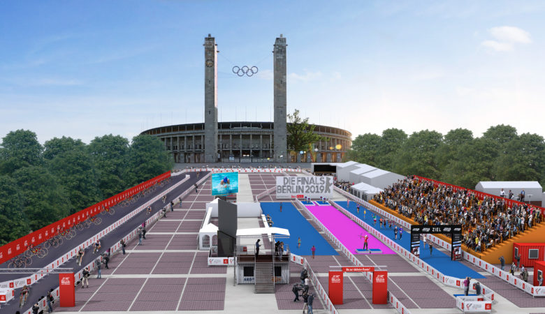 Animation des Stadions auf dem Olympischen Platz mit Tribünen, Zuschauern und Athletinnen und Athleten.